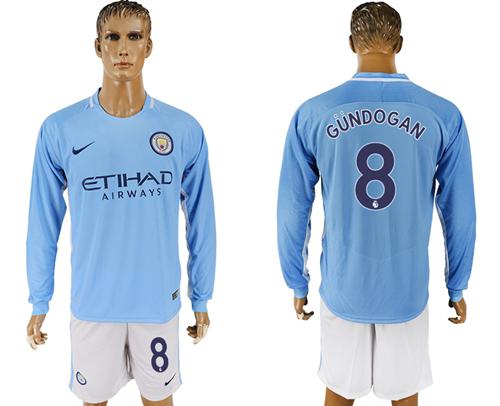Manchester City #8 Gundogan Home Long Sleeves Soccer Club Jersey - Click Image to Close